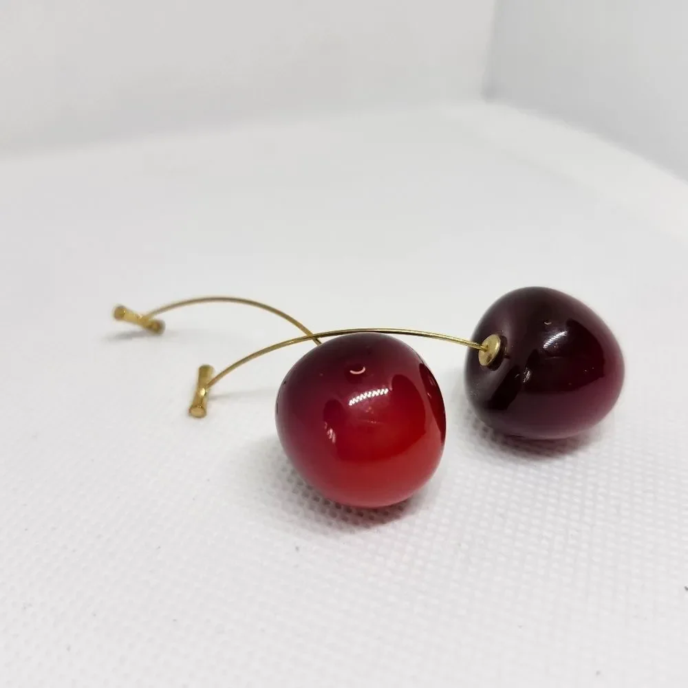 Cherry Drop Earrings Dangle Gold Brushed Sterling Silver Hook Statement Jewelry - Picture 5 of 8